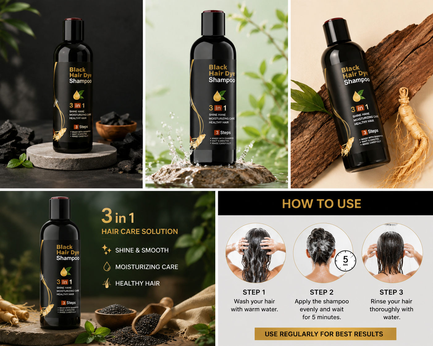 3-in-1 Black Hair Dye Shampoo